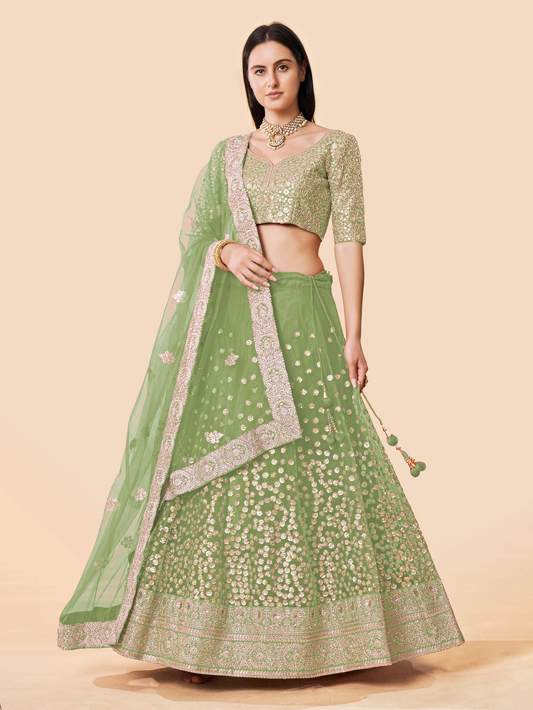 

Fusionic Embroidered Semi-Stitched Lehenga & Unstitched Blouse With Dupatta, Green