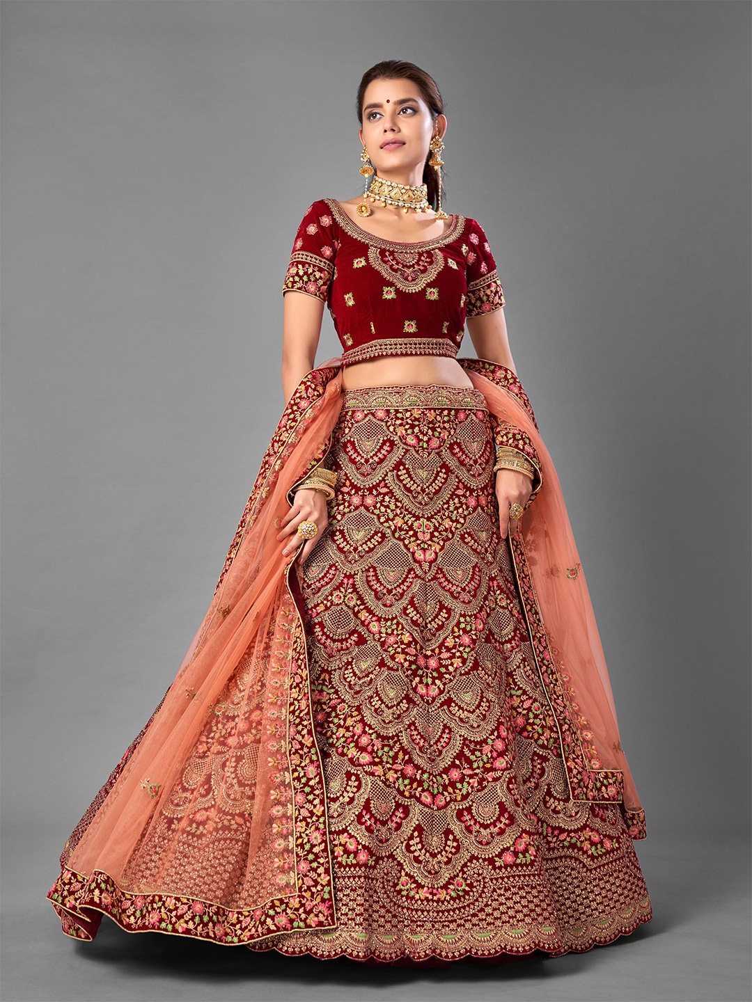 

Fusionic Maroon & Pink Embroidered Thread Work Semi-Stitched Lehenga & Unstitched Blouse With Dupatta