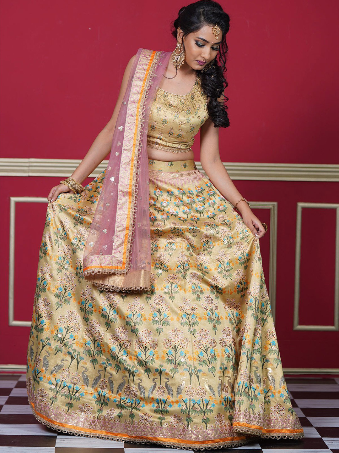 

Fusionic Yellow & Pink Embroidered Semi-Stitched Lehenga & Unstitched Blouse With Dupatta