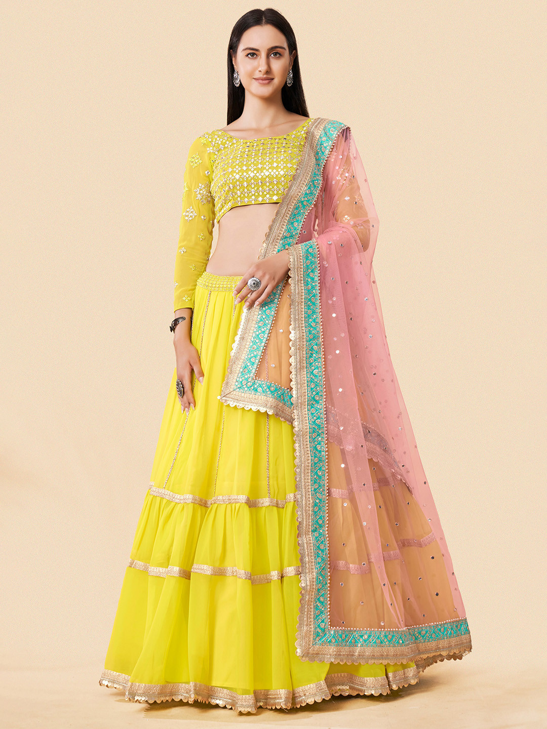 

Fusionic Yellow & Blue Embroidered Semi-Stitched Lehenga & Unstitched Blouse With Dupatta