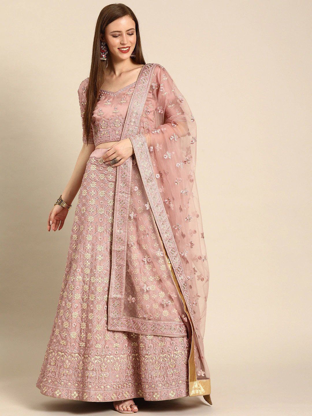 

Fusionic Pink Embroidered Semi-Stitched Lehenga & Unstitched Blouse With Dupatta