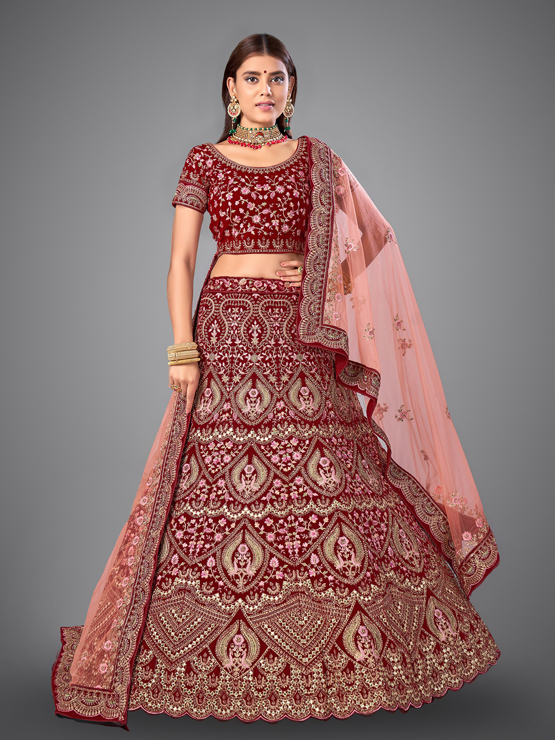 

Fusionic Maroon & Gold-Toned Embroidered Thread Work Semi-Stitched Lehenga & Unstitched Blouse With Dupatta