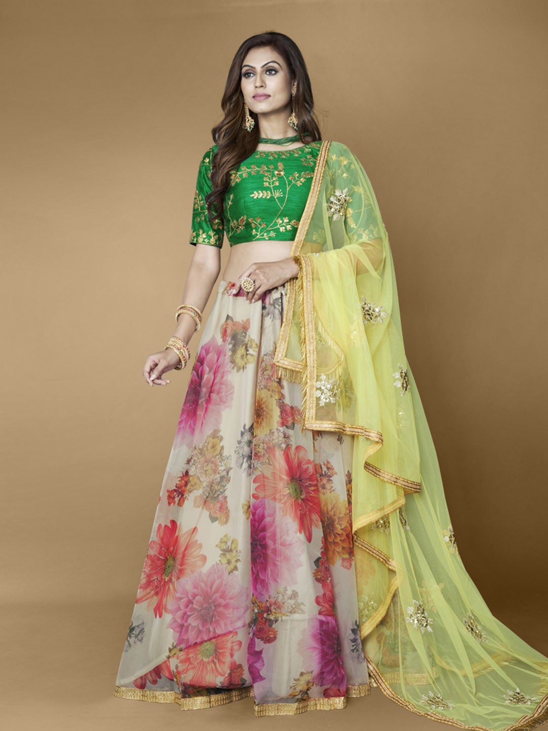 

Fusionic Green & Pink Embroidered Semi-Stitched Lehenga & Unstitched Blouse With Dupatta