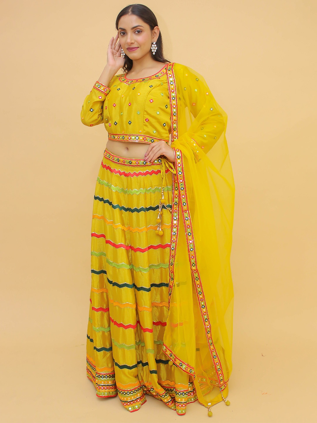 

Fusionic Yellow & Green Embroidered Semi-Stitched Lehenga & Unstitched Blouse With Dupatta