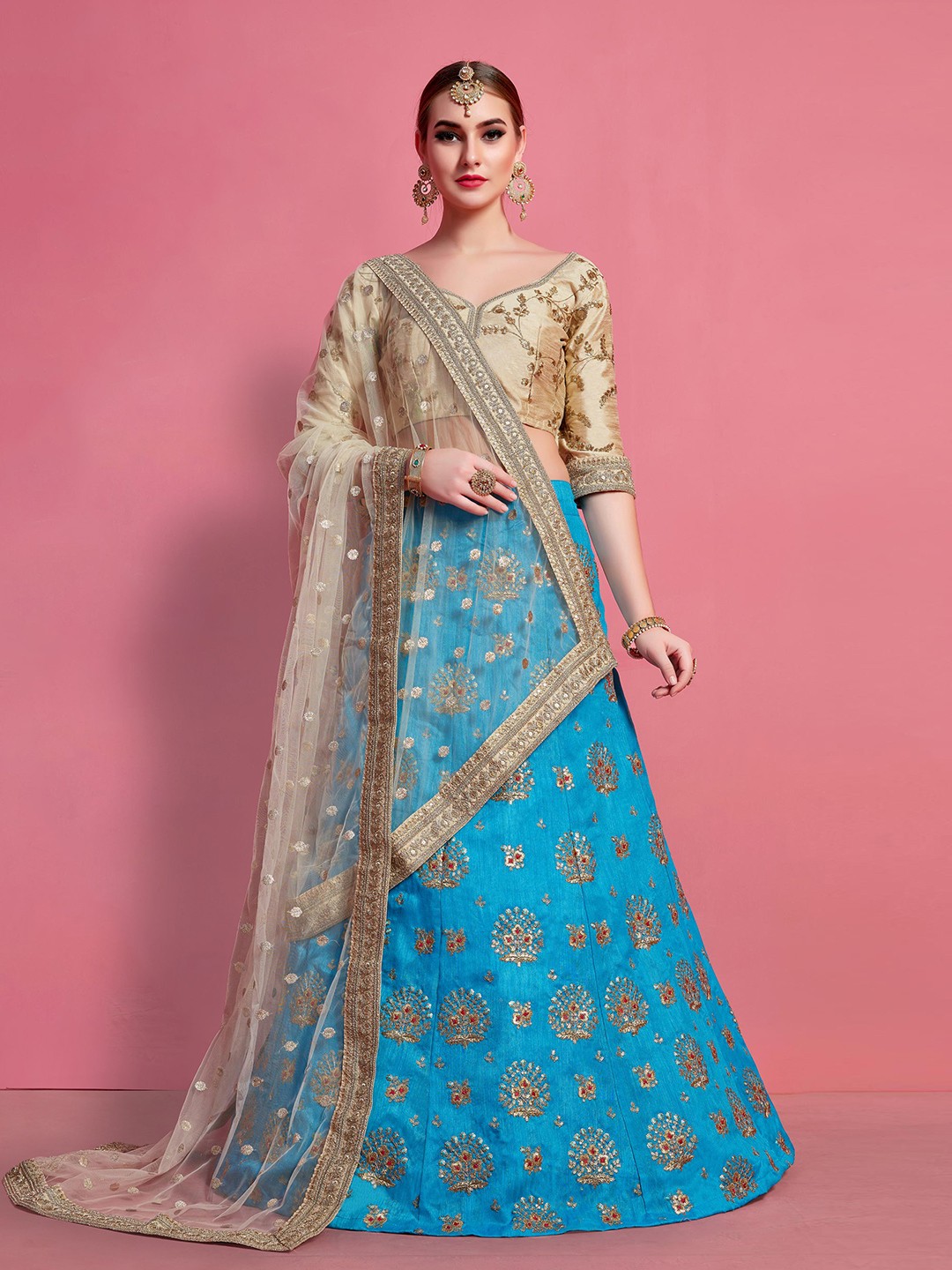 

Fusionic Blue & Beige Embroidered Semi-Stitched Lehenga & Unstitched Blouse With Dupatta