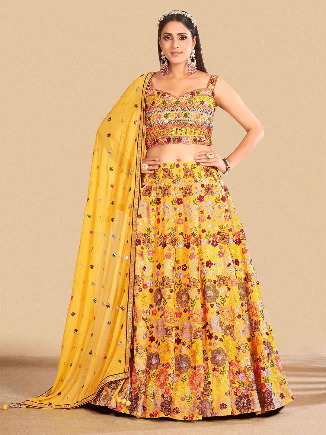 

Fusionic Mustard & Green Embroidered Semi-Stitched Lehenga & Blouse With Dupatta