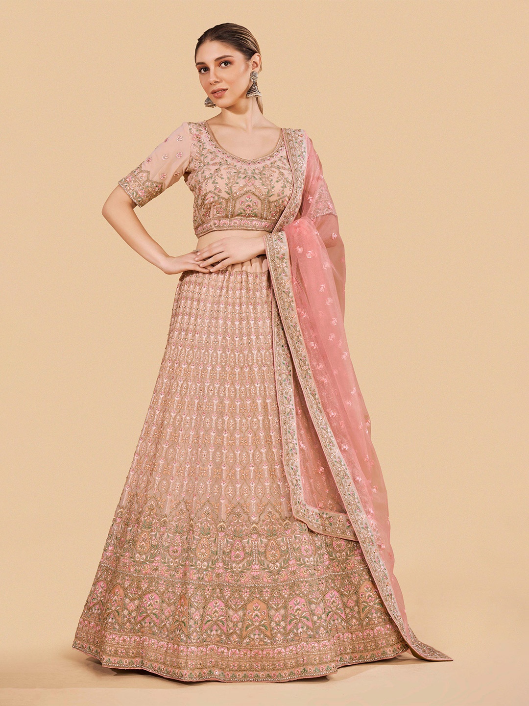 

Fusionic Peach-Coloured & Gold-Toned Semi-Stitched Lehenga & Unstitched Blouse & Dupatta