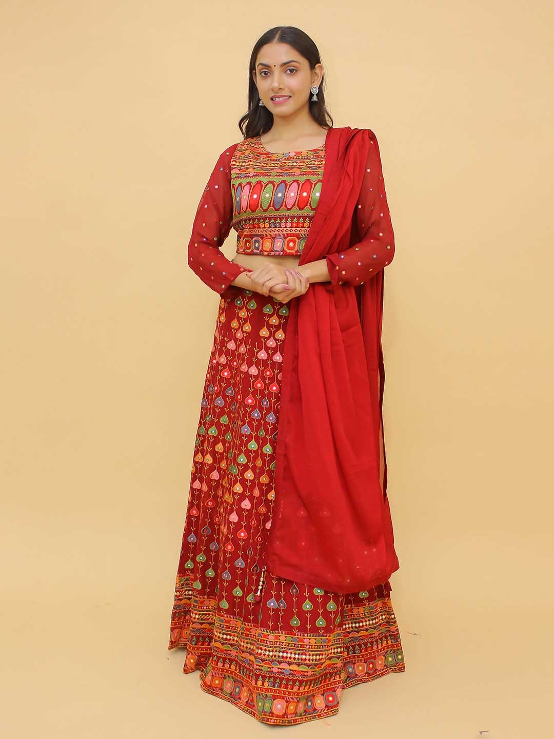 

Fusionic Red & Gold-Toned Embroidered Semi-Stitched Lehenga & Unstitched Blouse With Dupatta