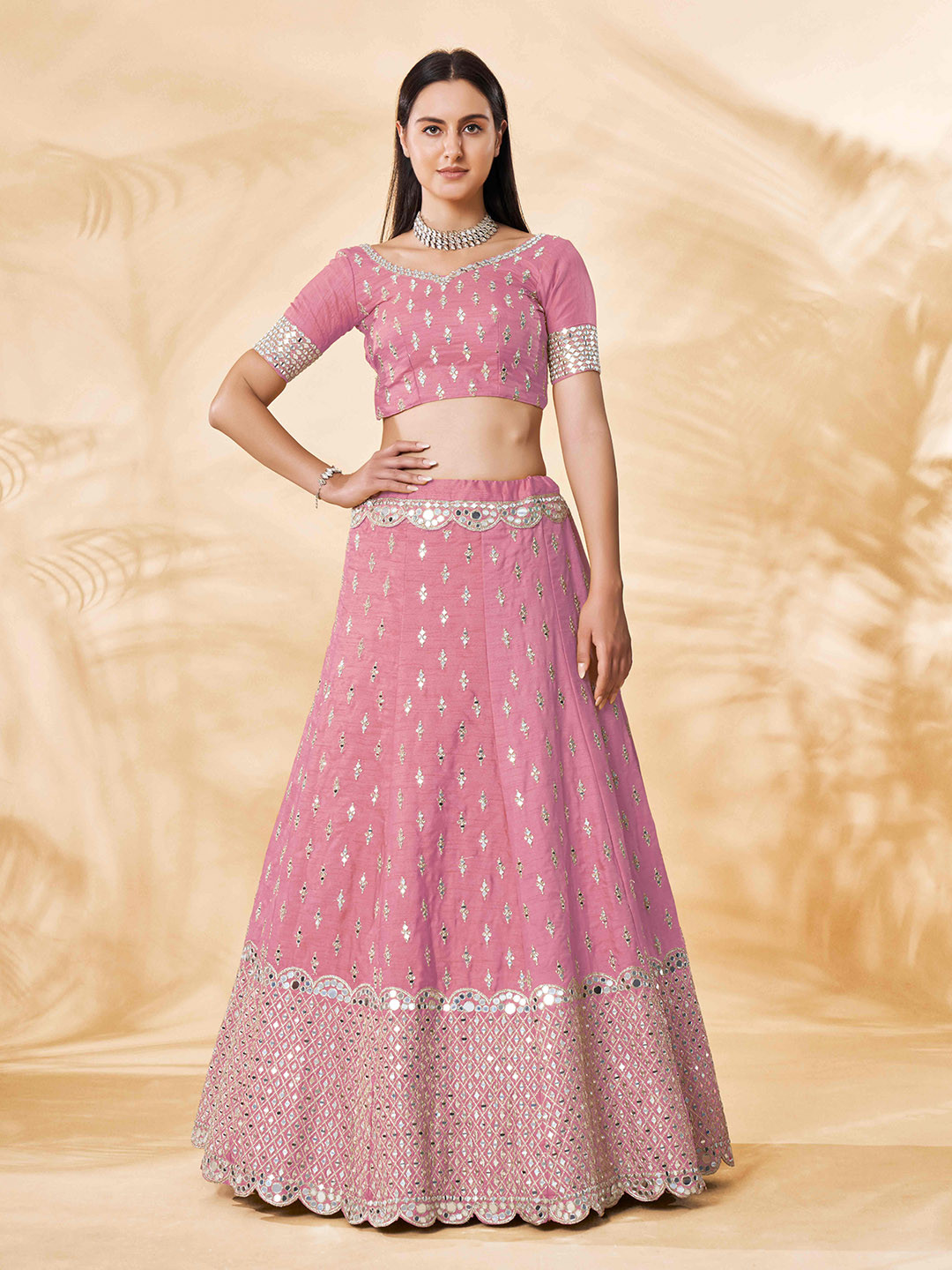 

Fusionic Pink & Silver-Toned Embroidered Mirror Work Semi-Stitched Lehenga & Unstitched Blouse With Dupatta