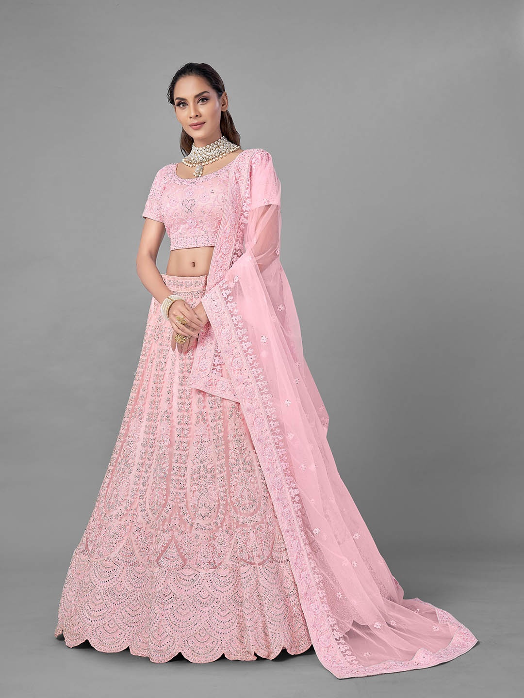 

Fusionic Pink & Silver-Toned Embroidered Thread Work Semi-Stitched Lehenga & Unstitched Blouse With Dupatta