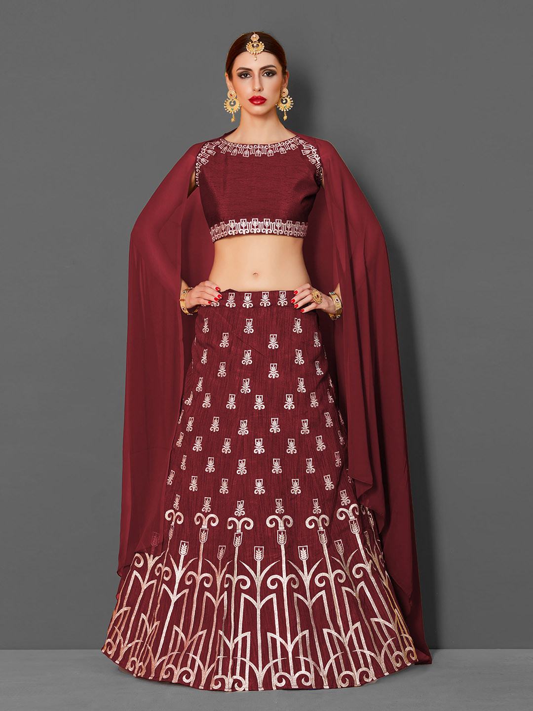 

Fusionic Maroon & Gold-Toned Embroidered Thread Work Semi-Stitched Lehenga & Unstitched Blouse With Dupatta