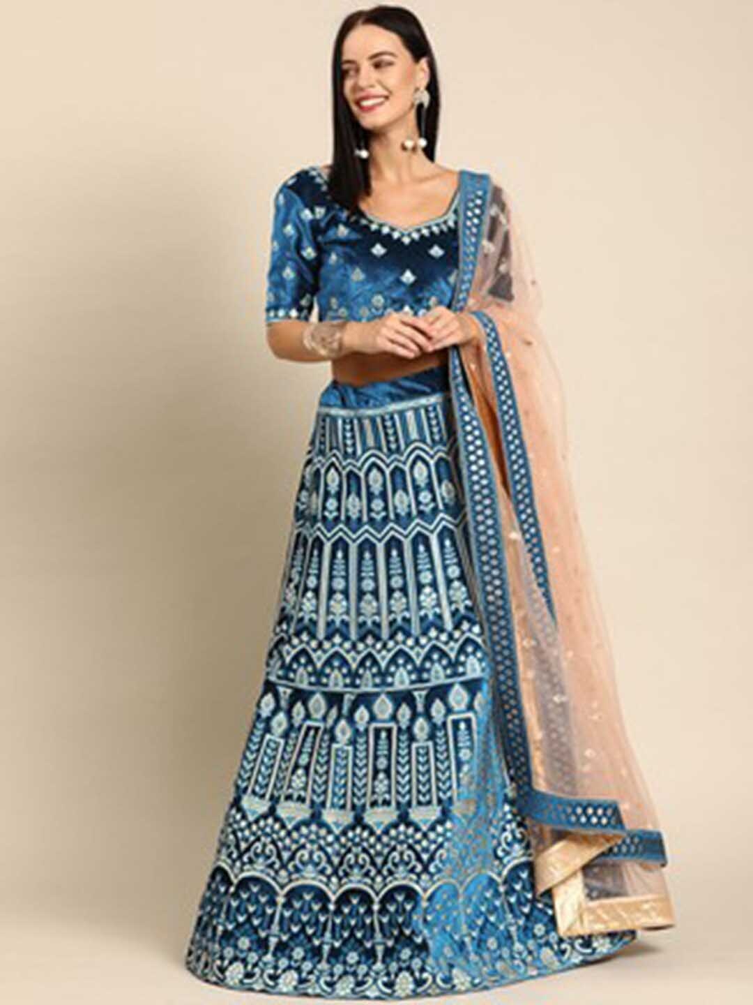 

Fusionic Blue & Peach-Coloured Embroidered Thread Work Semi-Stitched Lehenga & Unstitched Blouse With