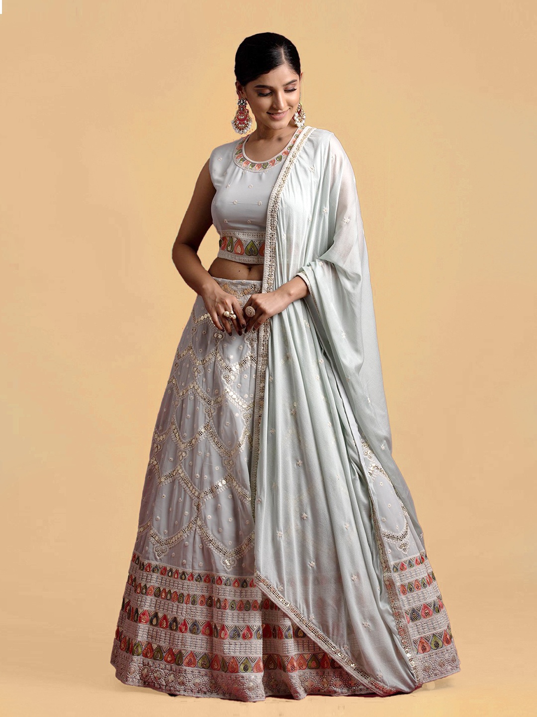 

Fusionic Grey & Pink Embroidered Semi-Stitched Lehenga & Unstitched Blouse With Dupatta