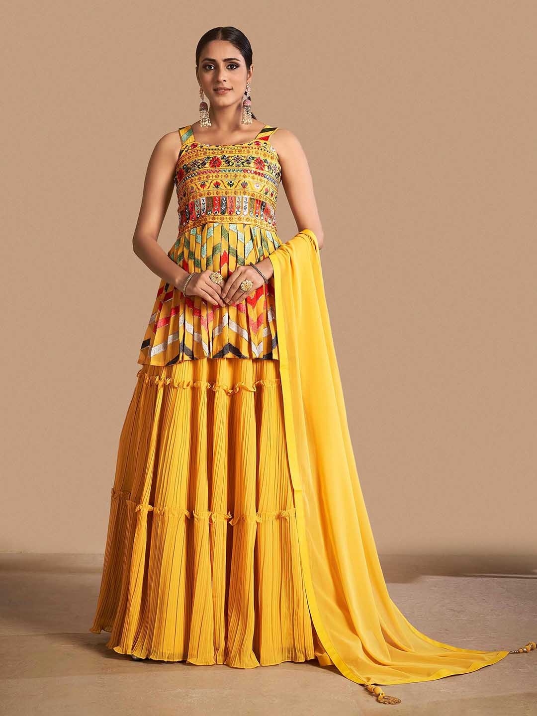 

Fusionic Yellow & Pink Embroidered Semi-Stitched Lehenga & Unstitched Blouse With Dupatta