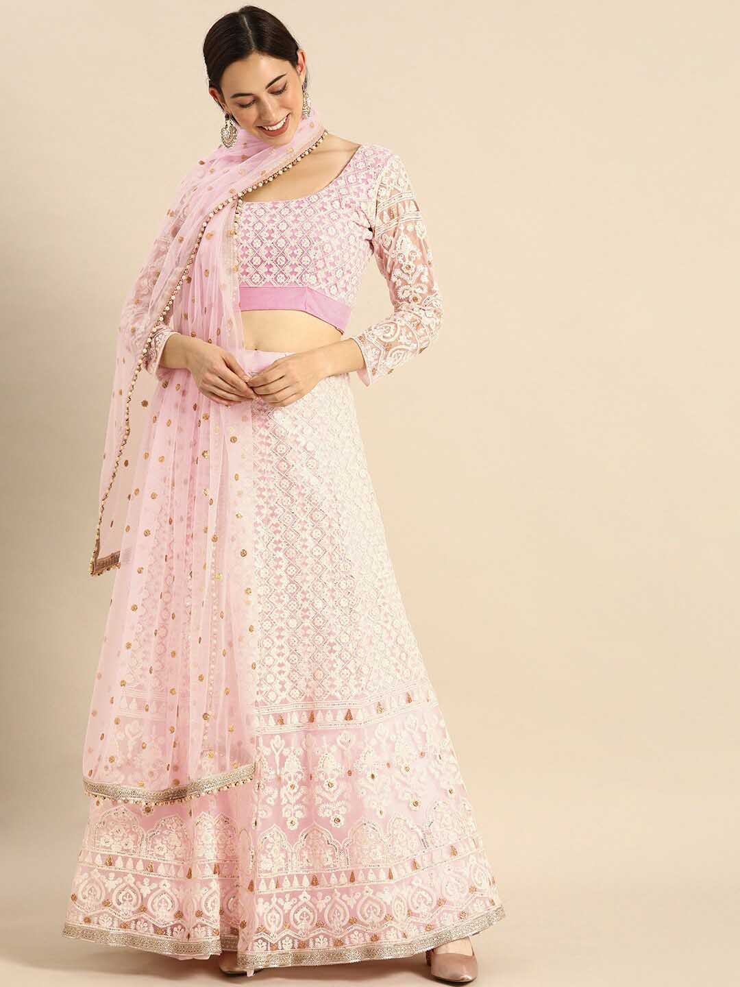 

Fusionic Pink & Gold-Toned Embroidered Sequinned Semi-Stitched Lehenga & Unstitched Blouse With Dupatta