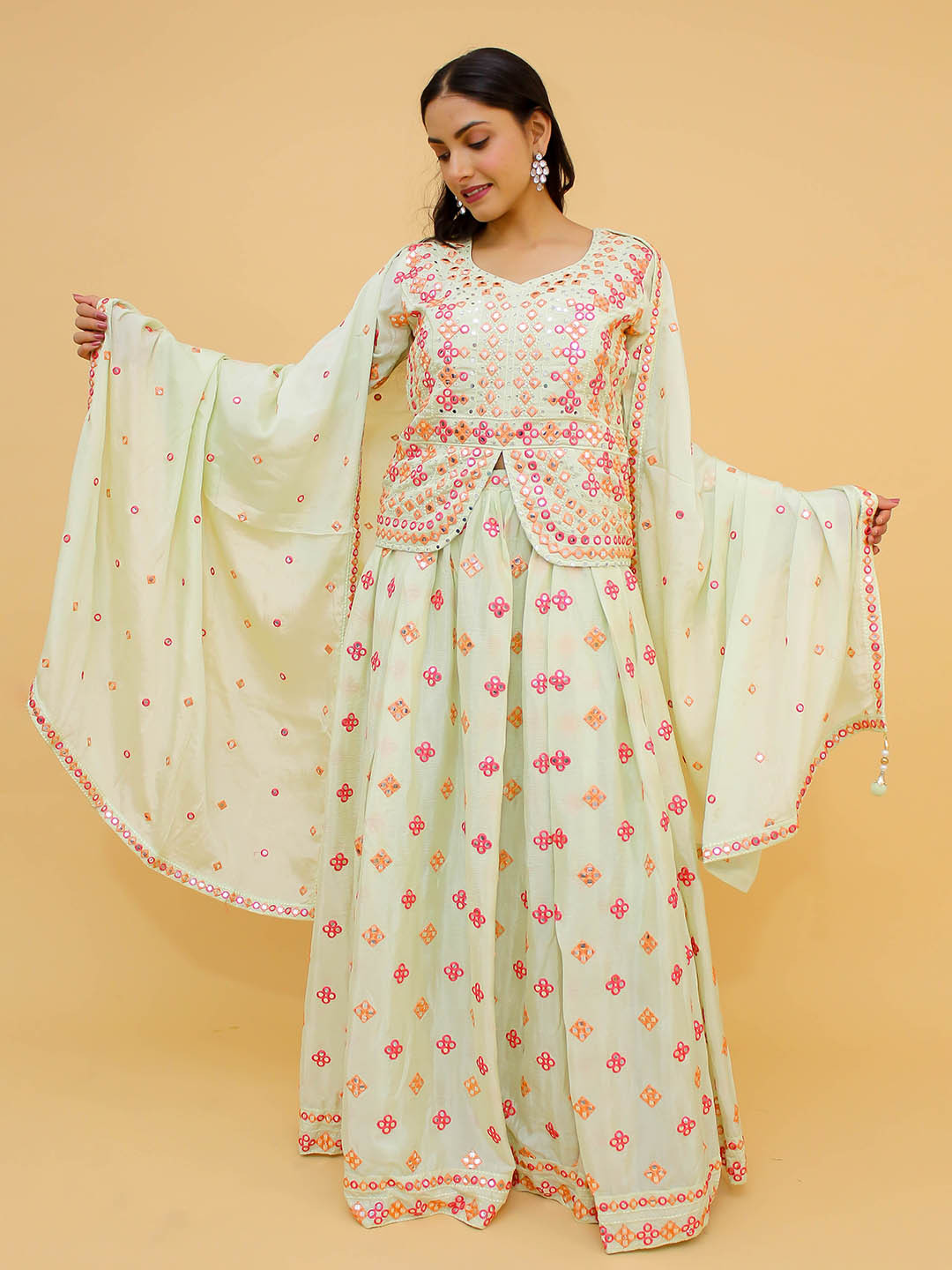 

Fusionic Green & Pink Embroidered Semi-Stitched Lehenga & Unstitched Blouse With Dupatta