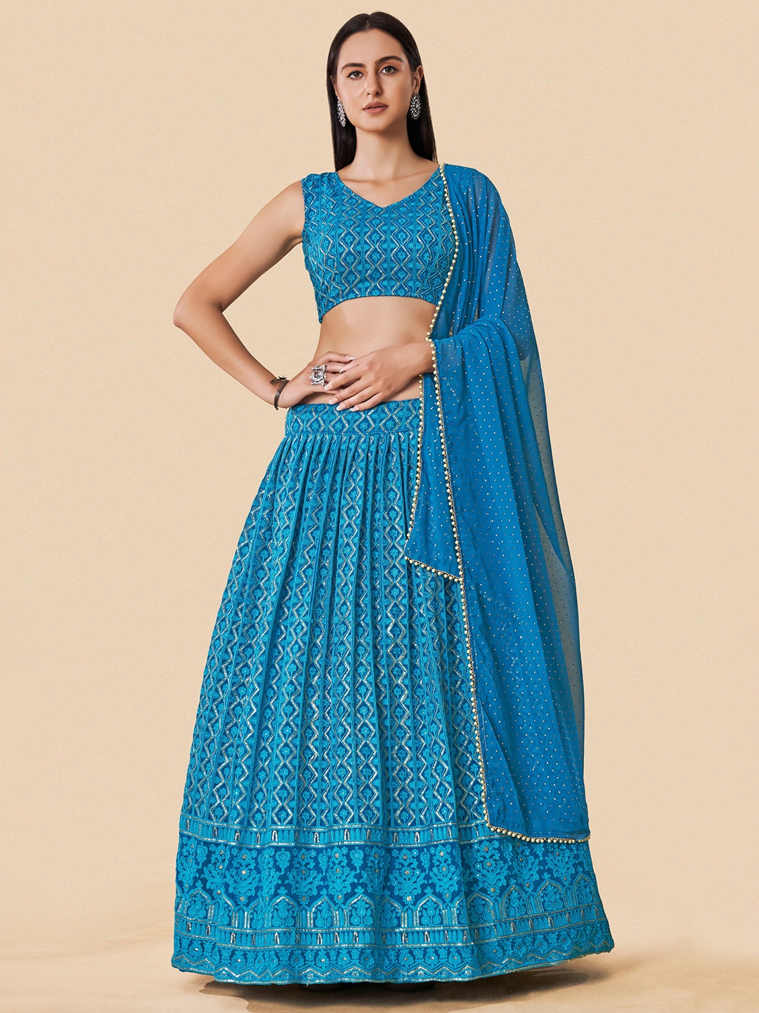 

Fusionic Blue Embroidered Semi-Stitched Lehenga & Unstitched Blouse With Dupatta