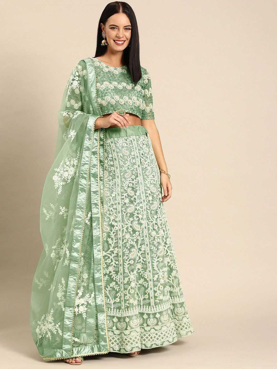 

Fusionic Green & Gold-Toned Embroidered Thread Work Semi-Stitched Lehenga & Unstitched Blouse With Dupatta