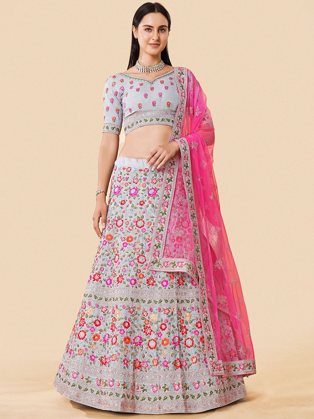 

Fusionic Grey & Pink Embroidered Thread Work Semi-Stitched Lehenga & Unstitched Blouse With Dupatta