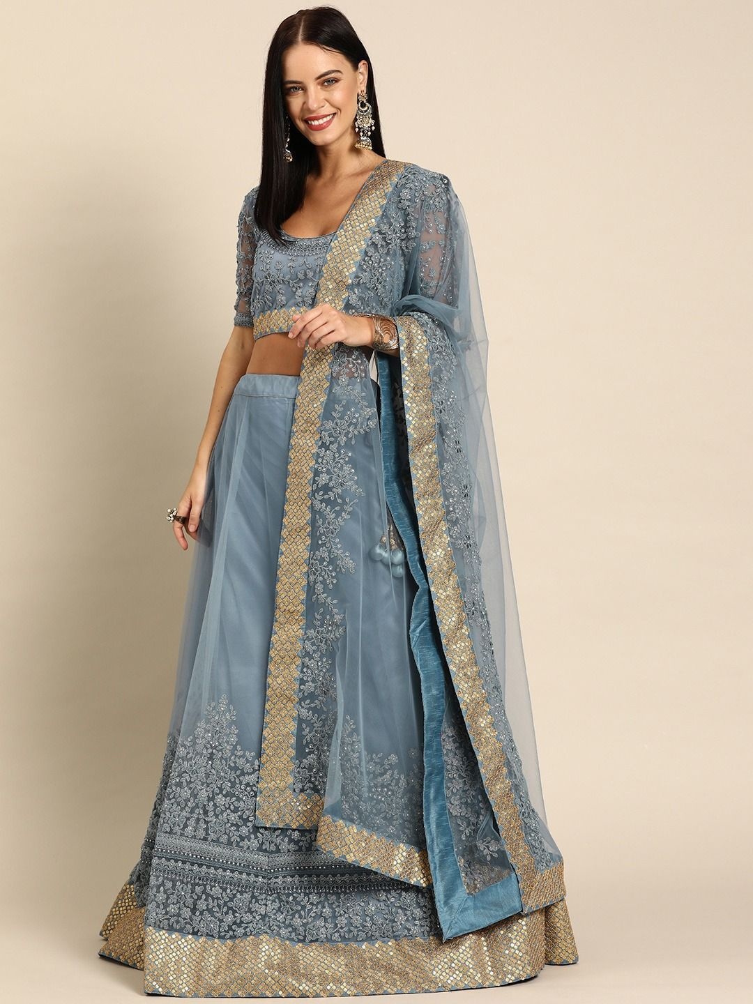 

Fusionic Grey & Gold-Toned Embroidered Semi-Stitched Lehenga & Unstitched Blouse With Dupatta