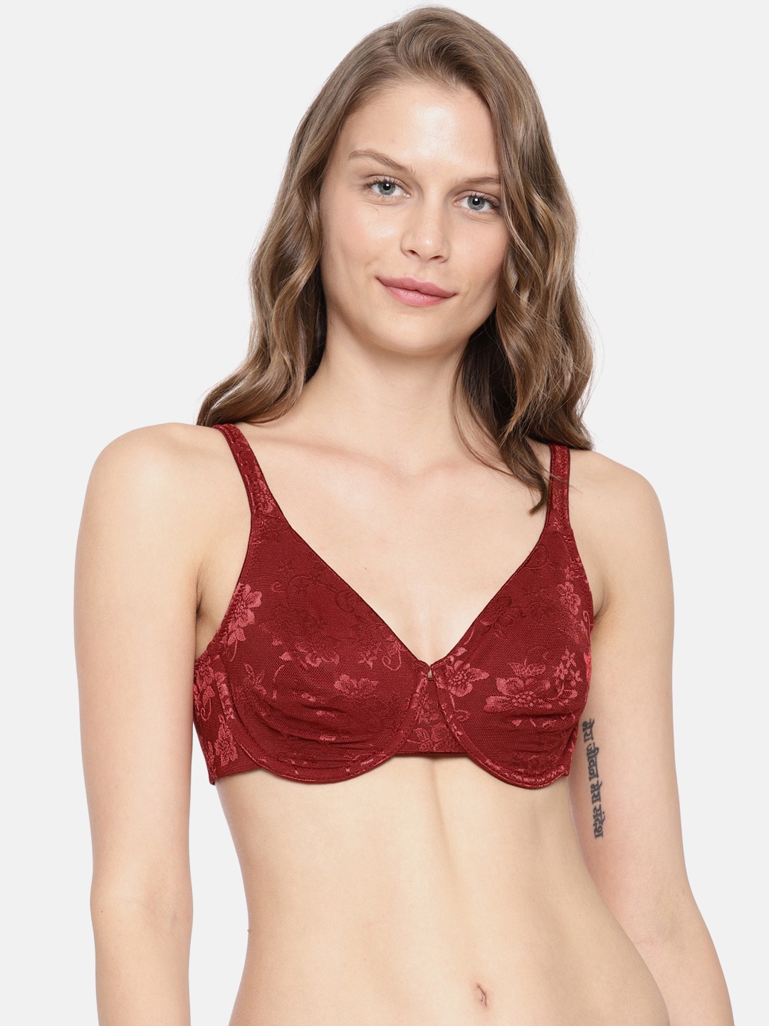 

Enamor Maroon Lace Underwired Non Padded Minimizer Bra F035