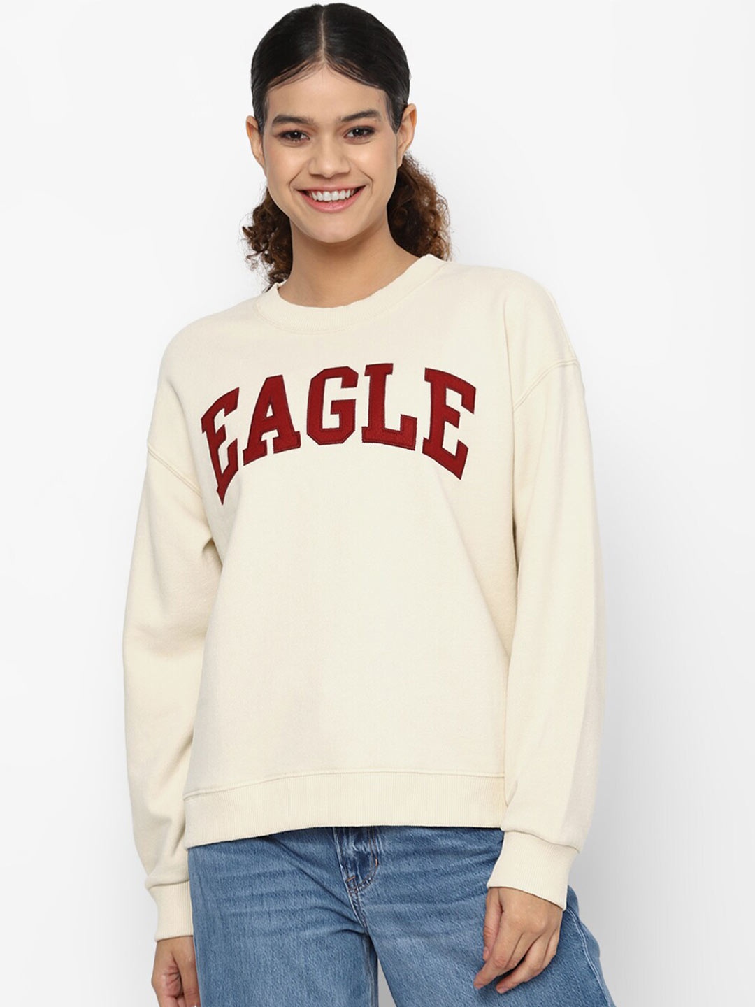 

AMERICAN EAGLE OUTFITTERS Women Cream Printed Round Neck Sweatshirt