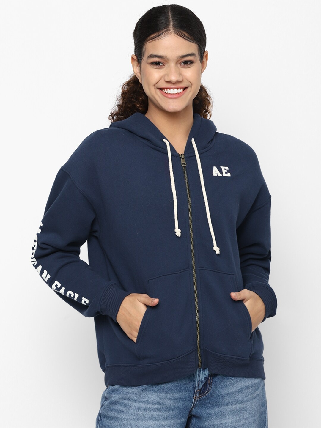 

AMERICAN EAGLE OUTFITTERS Women Navy Blue Printed Hooded Sweatshirt