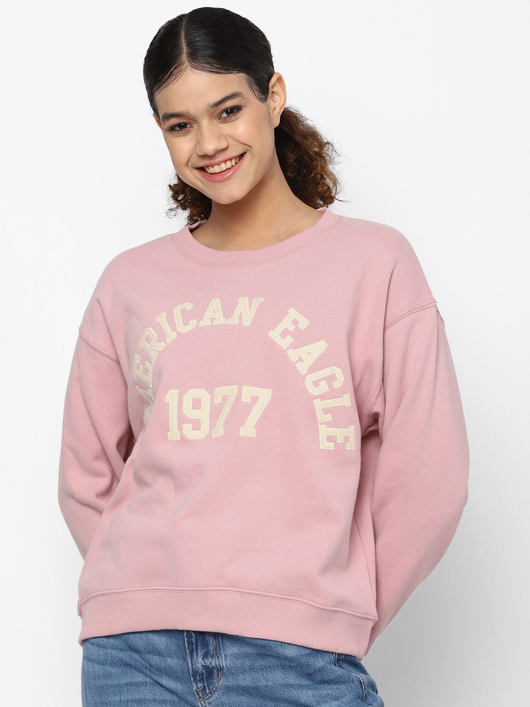 

AMERICAN EAGLE OUTFITTERS Women Pink Printed Round Neck Sweatshirt