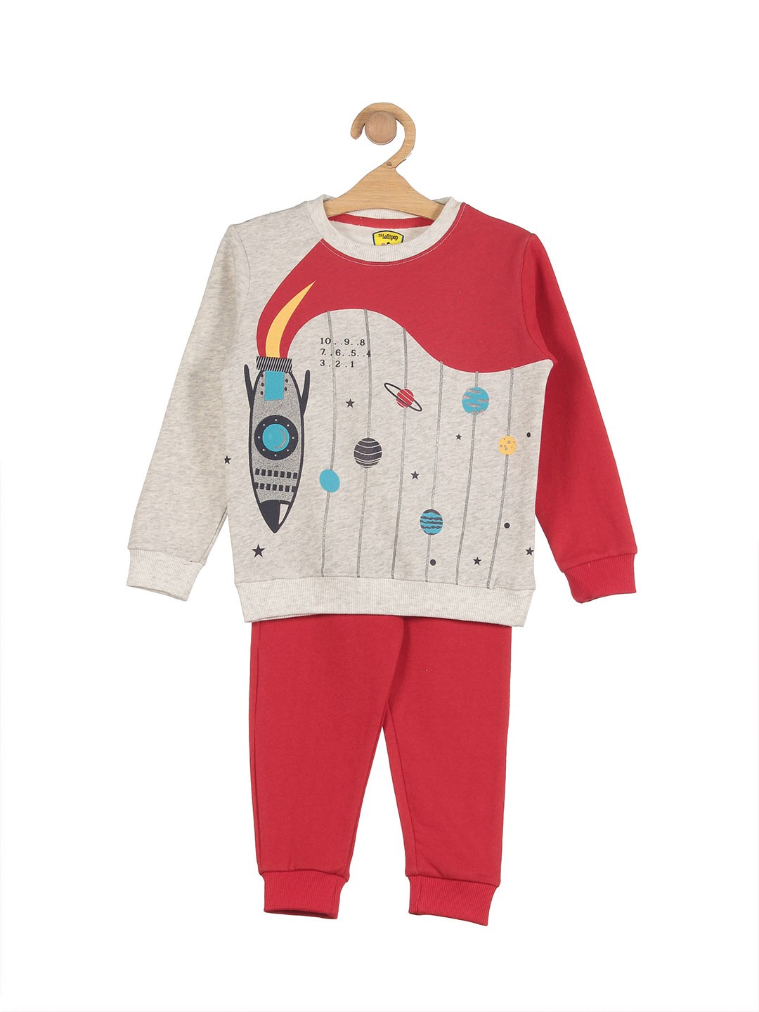 

Lil Lollipop Boys Grey & Red Pure Cotton Printed T-shirt with Trousers