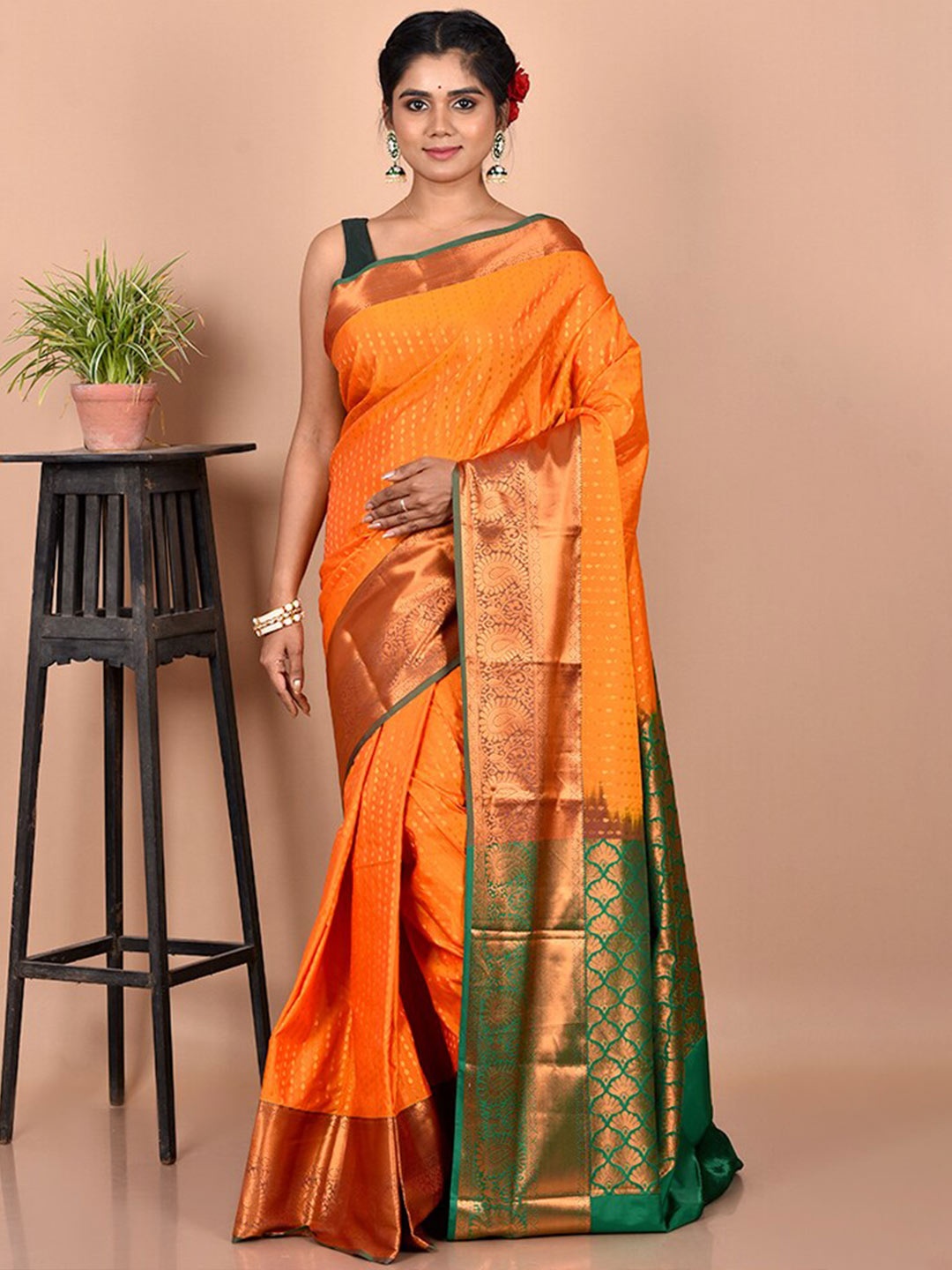 

AllSilks Orange & Green Woven Design Zari Kanjeevaram Saree