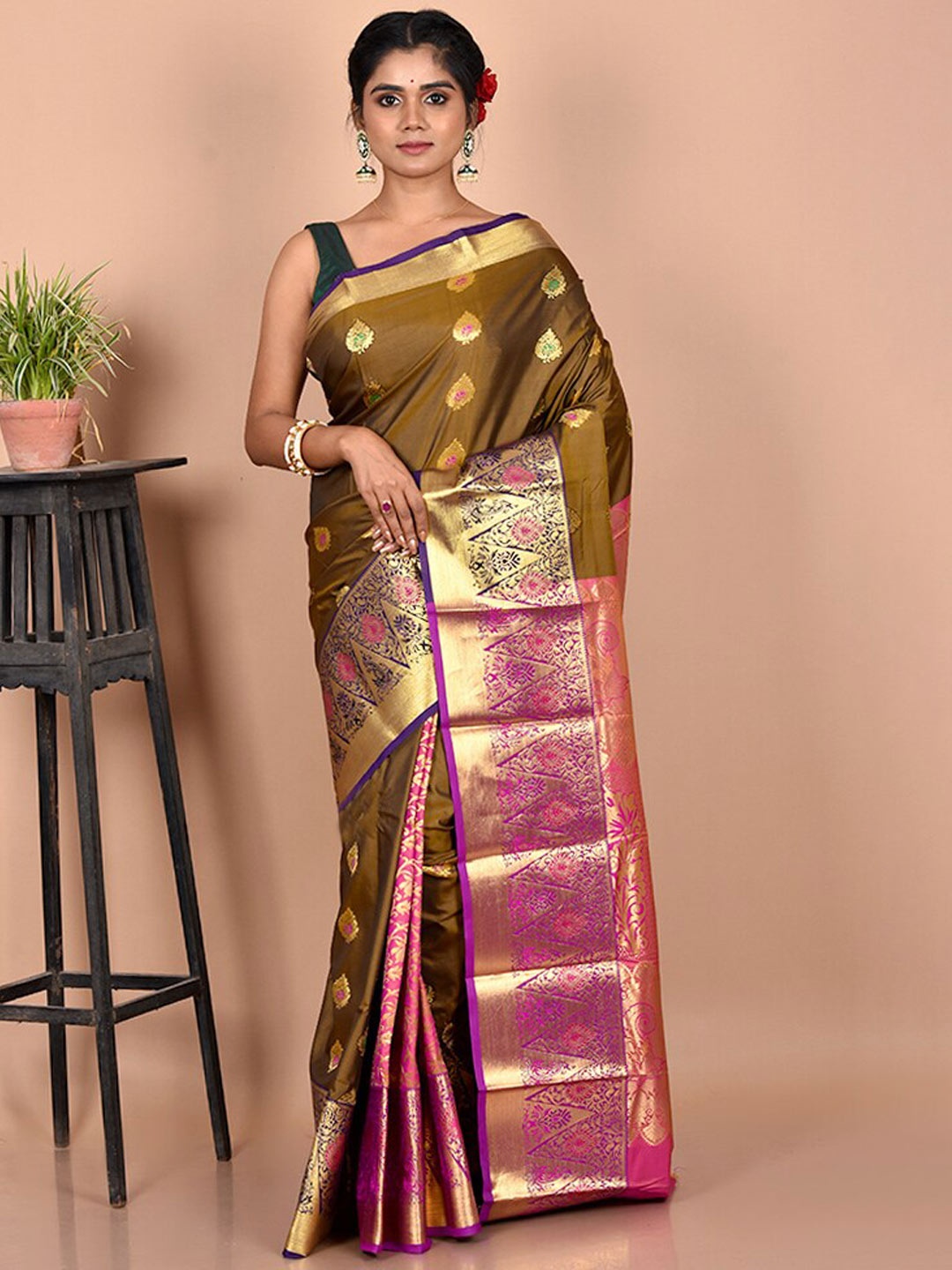 

AllSilks Olive Green & Pink Woven Design Zari Kanjeevaram Saree