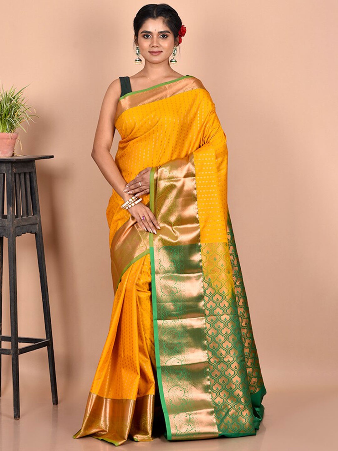 

AllSilks Yellow & Green Woven Design Zari Kanjeevaram Saree