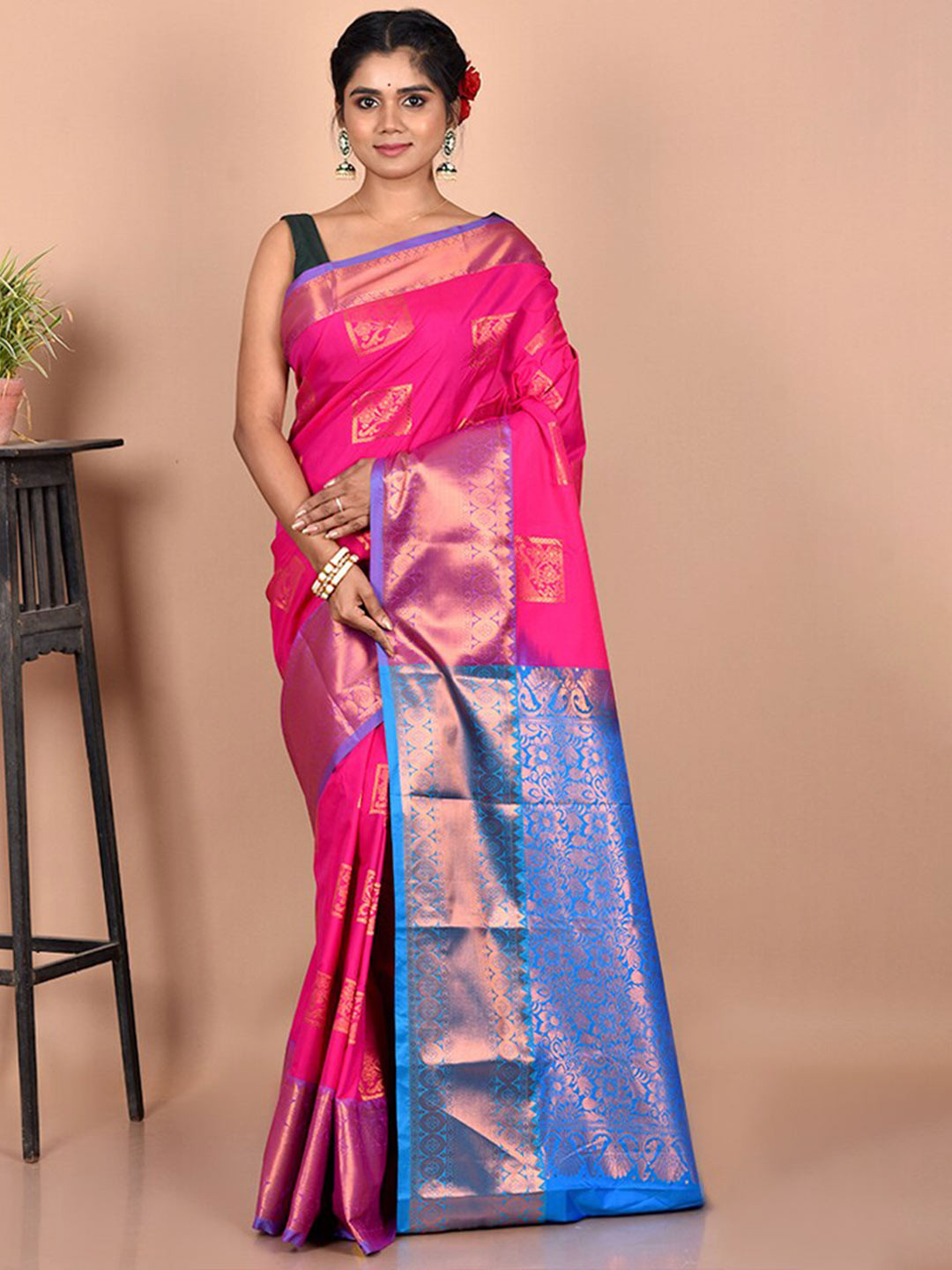 

AllSilks Pink & Blue Woven Design Zari Kanjeevaram Saree