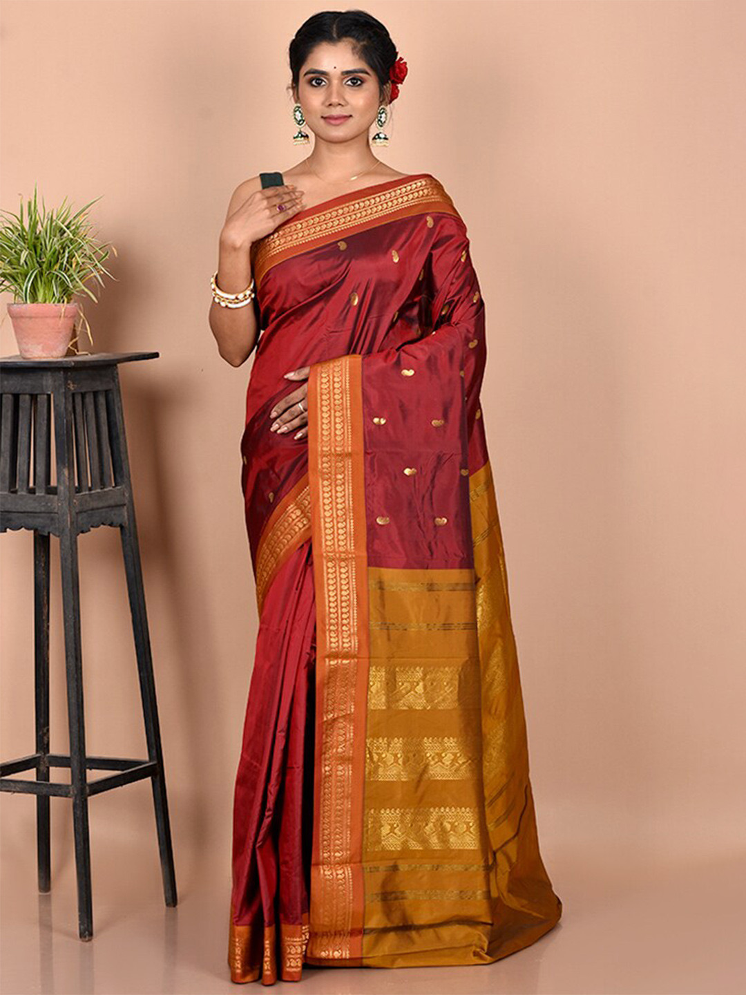 

AllSilks Maroon & Gold Woven Design Zari Kanjeevaram Saree