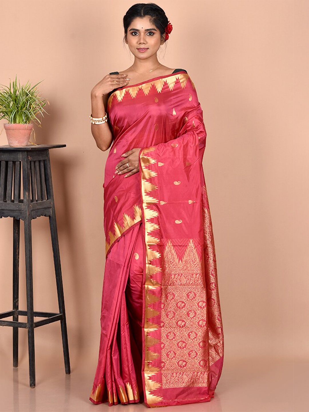 

AllSilks Pink & Gold Woven Design Zari Kanjeevaram Saree
