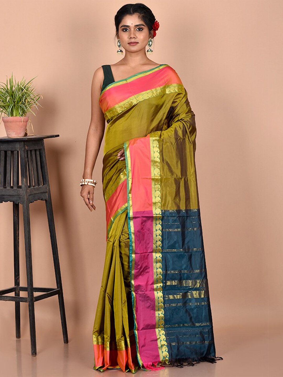 

AllSilks Olive Green & Pink Striped Zari Kanjeevaram Saree