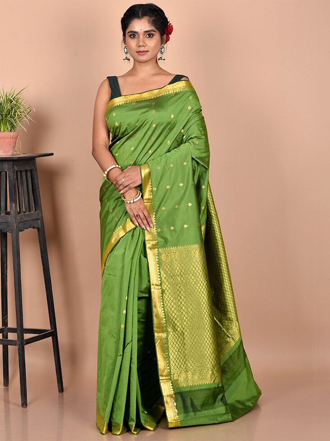 

AllSilks Green & Gold Woven Design Zari Kanjeevaram Saree
