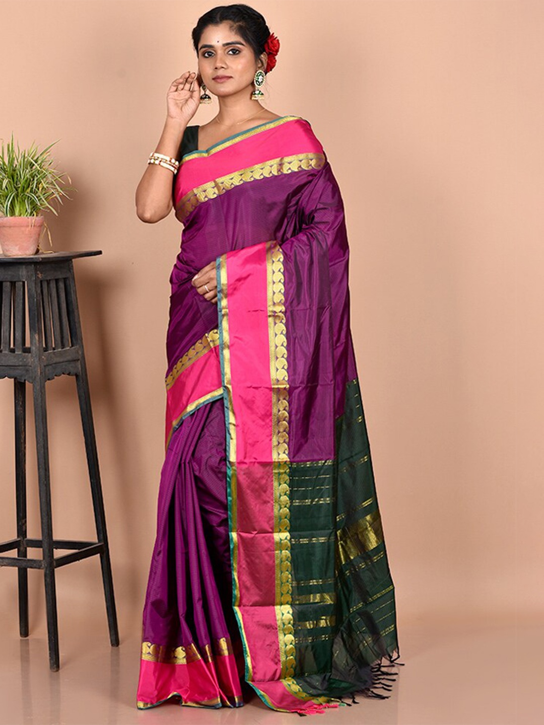 

AllSilks Purple & Pink Striped Zari Kanjeevaram Saree