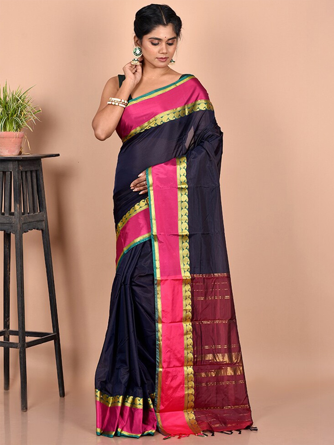 

AllSilks Navy Blue & Pink Striped Zari Kanjeevaram Saree