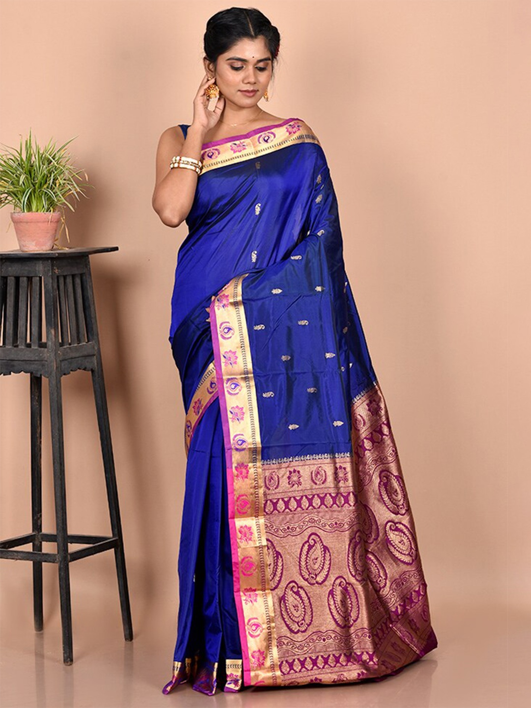 

AllSilks Navy Blue & Pink Woven Design Zari Kanjeevaram Saree