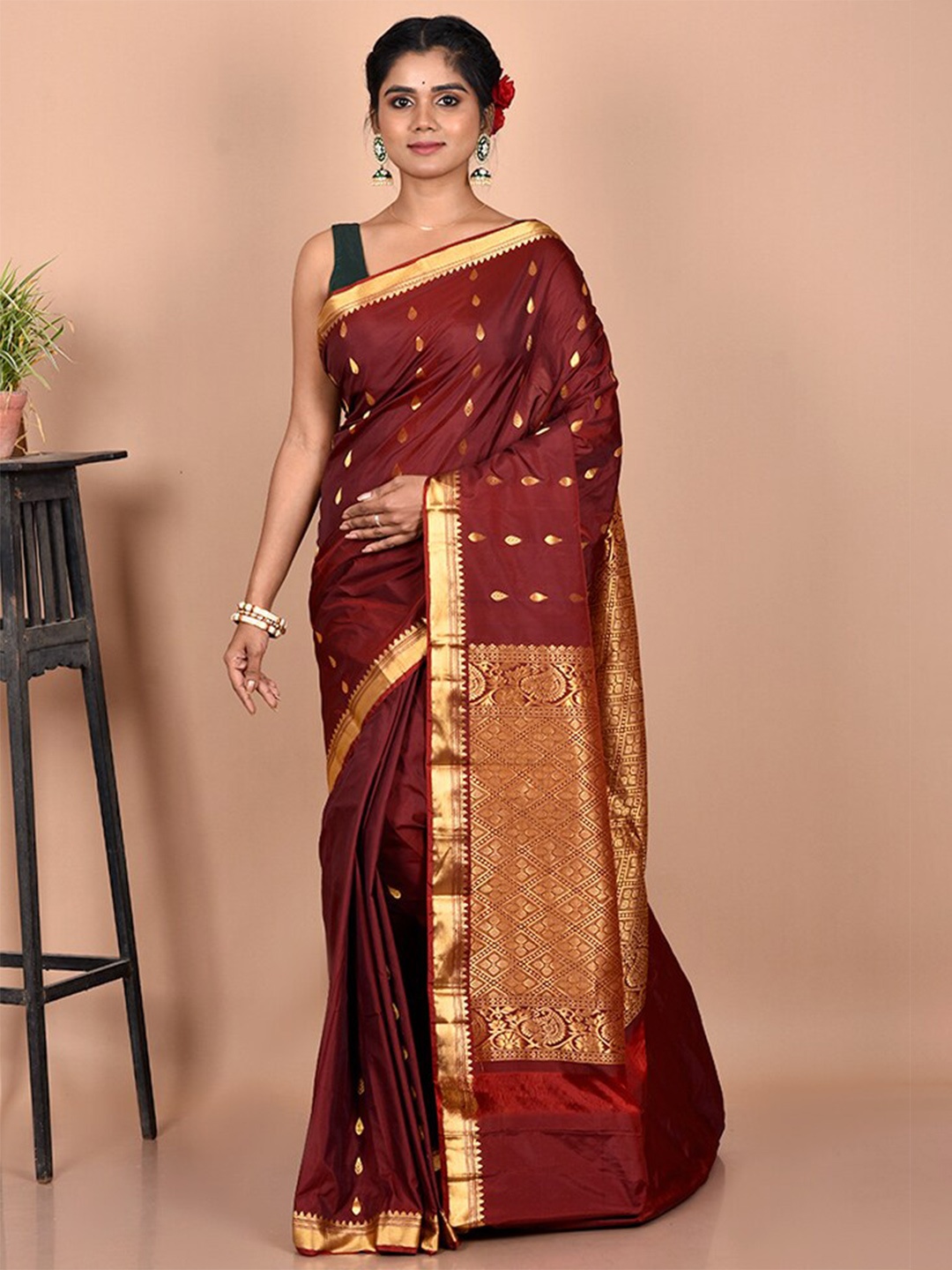 

AllSilks Maroon & Gold Woven Design Zari Kanjeevaram Saree