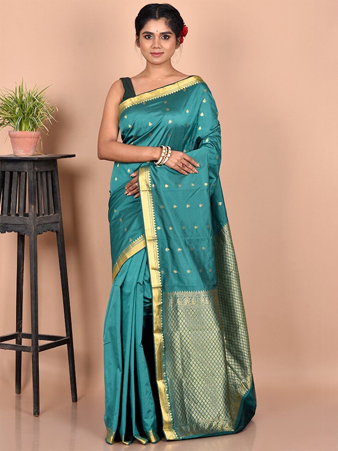 

AllSilks Green & Gold Woven Design Zari Kanjeevaram Saree