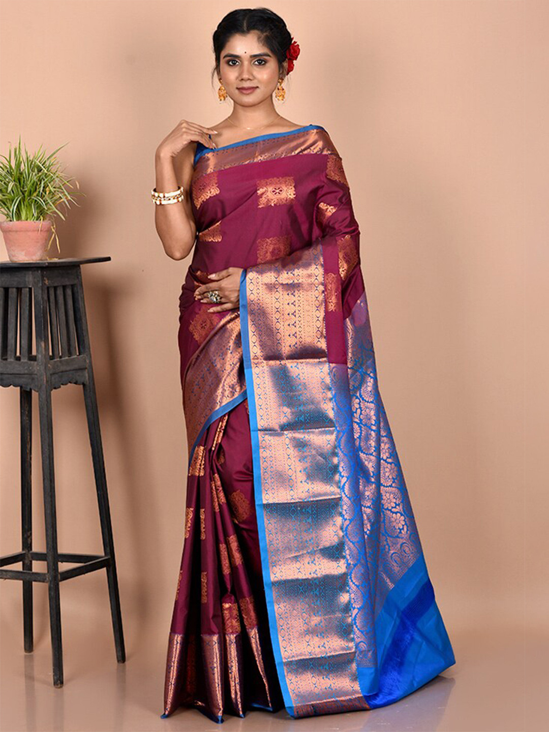 

AllSilks Burgundy & Blue Woven Design Zari Kanjeevaram Saree