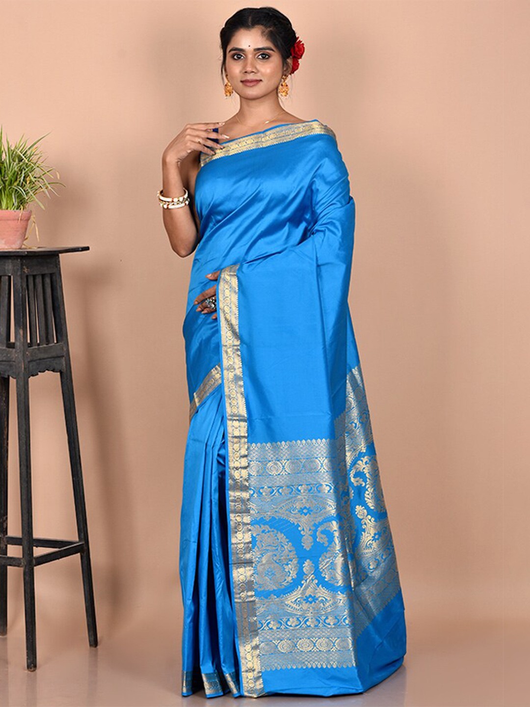

AllSilks Turquoise Blue & Gold Woven Design Zari Kanjeevaram Saree