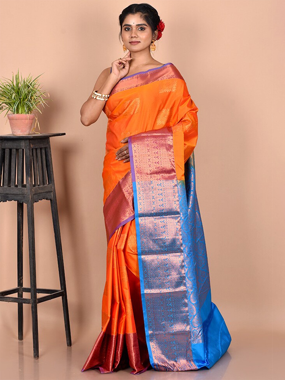 

AllSilks Orange & Blue Woven Design Zari Kanjeevaram Saree