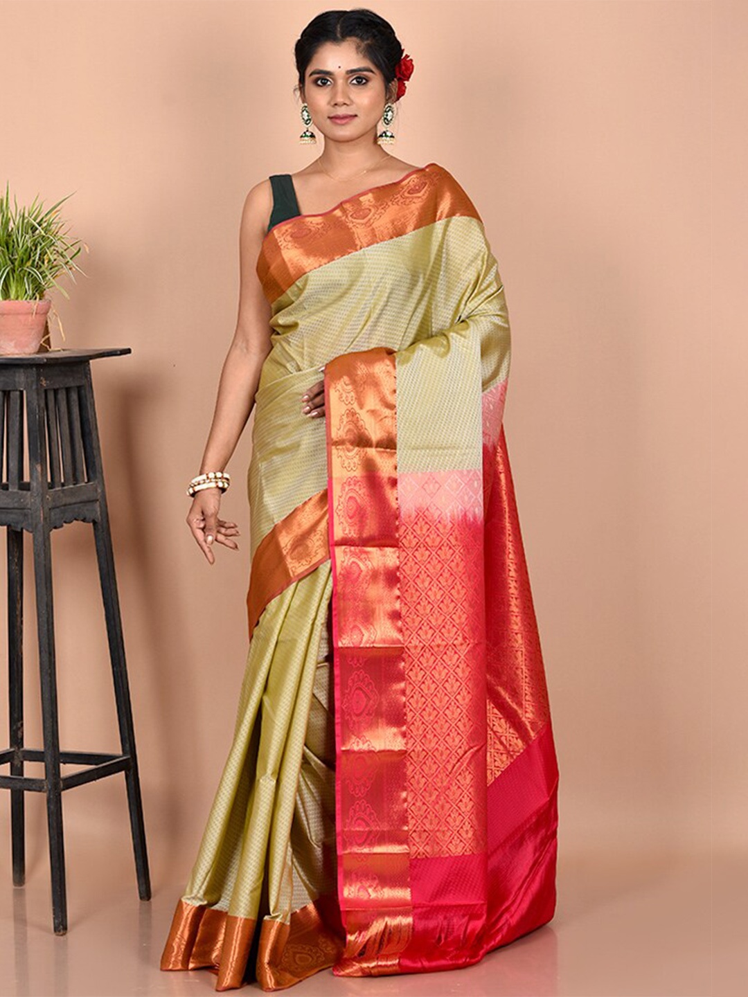 

AllSilks Green & Pink Woven Design Zari Kanjeevaram Saree