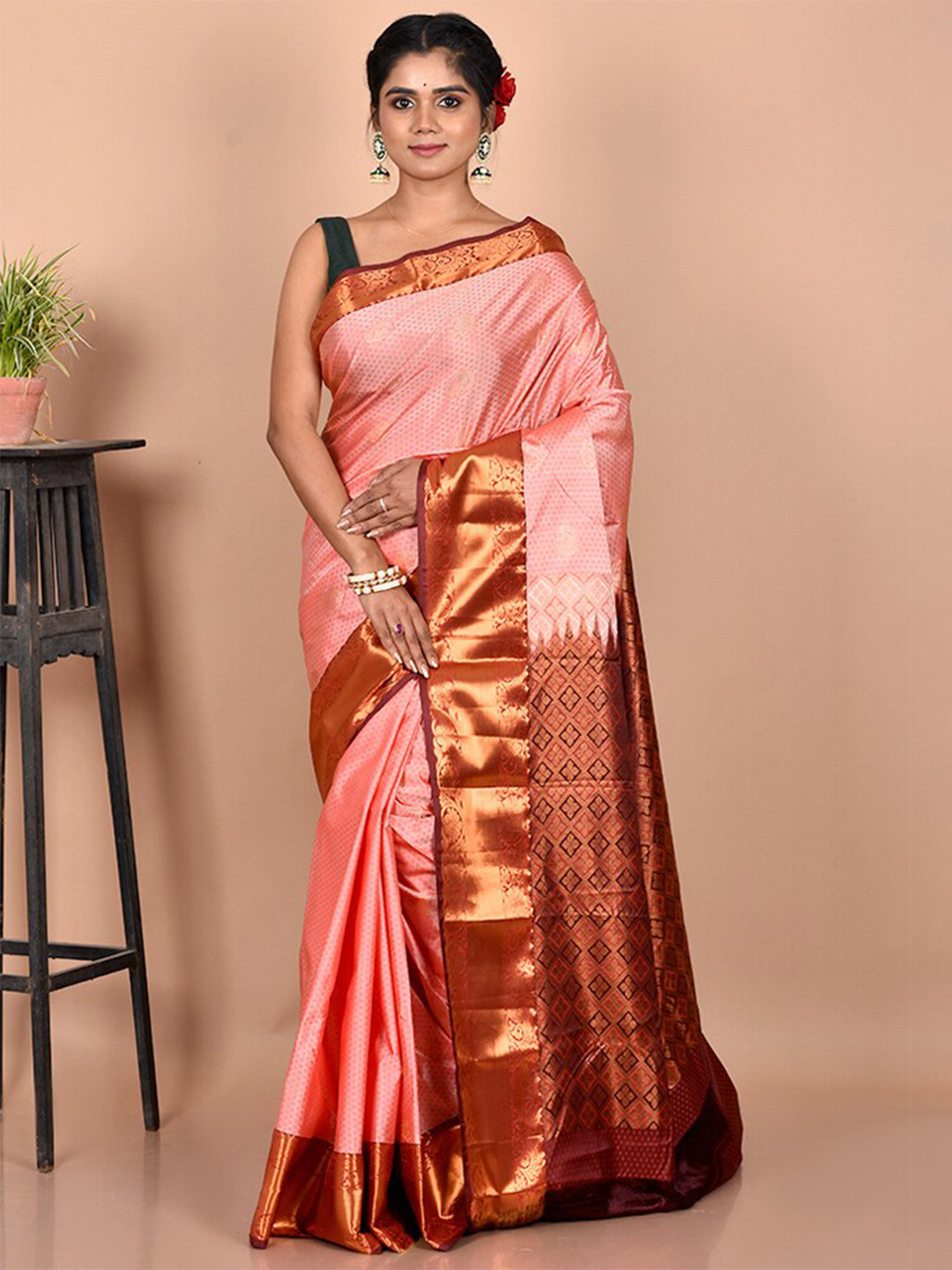

AllSilks Pink & Brown Woven Design Zari Kanjeevaram Saree
