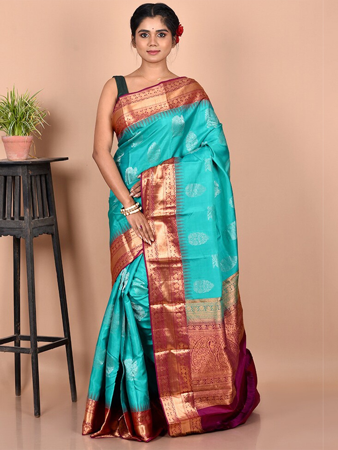 

AllSilks Sea Green & Burgundy Woven Design Zari Kanjeevaram Saree