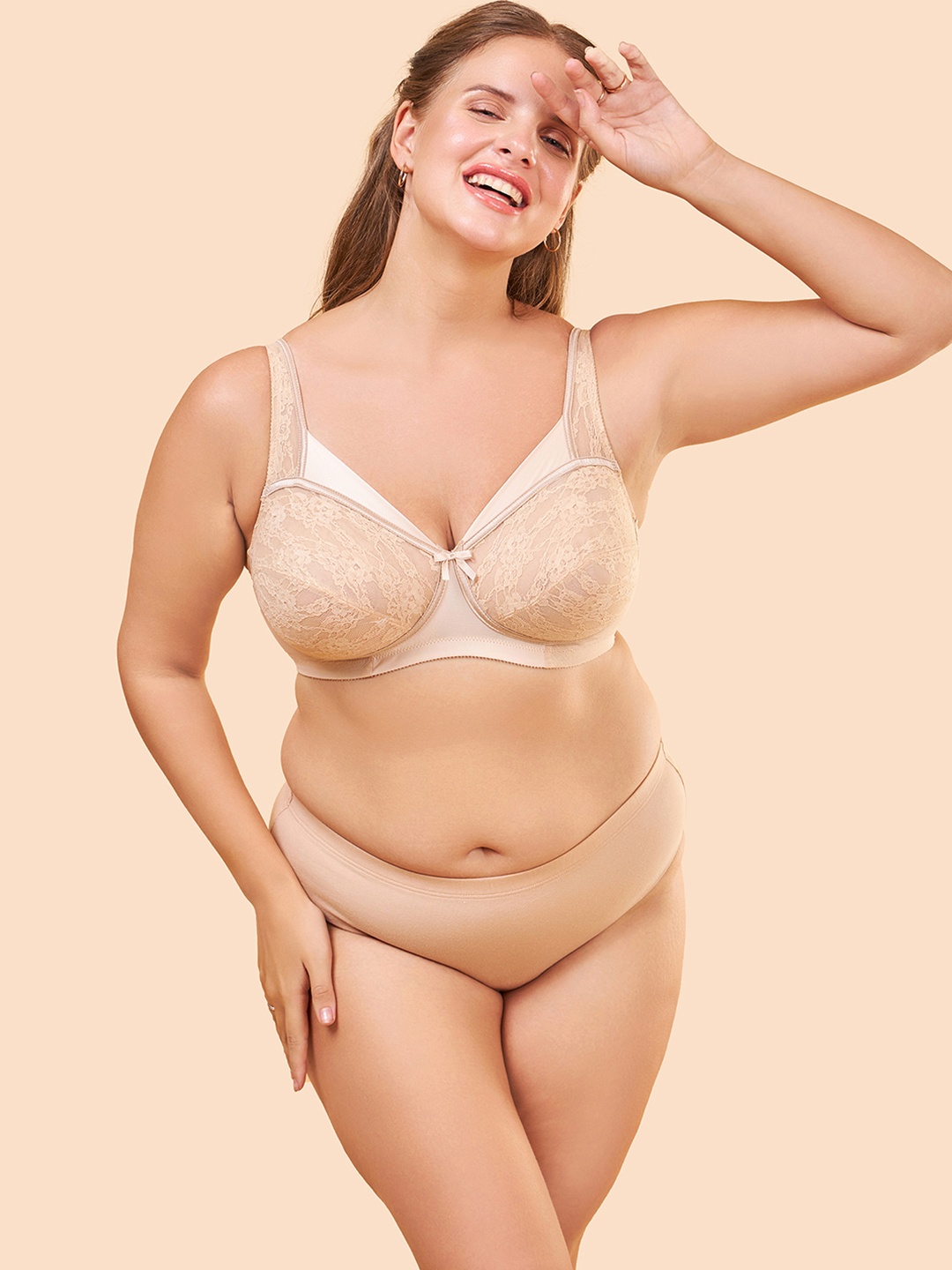 Enamor Women Beige Non-Padded Non-Wired Full Support Lace Bra With Sectioned Cups - FB06