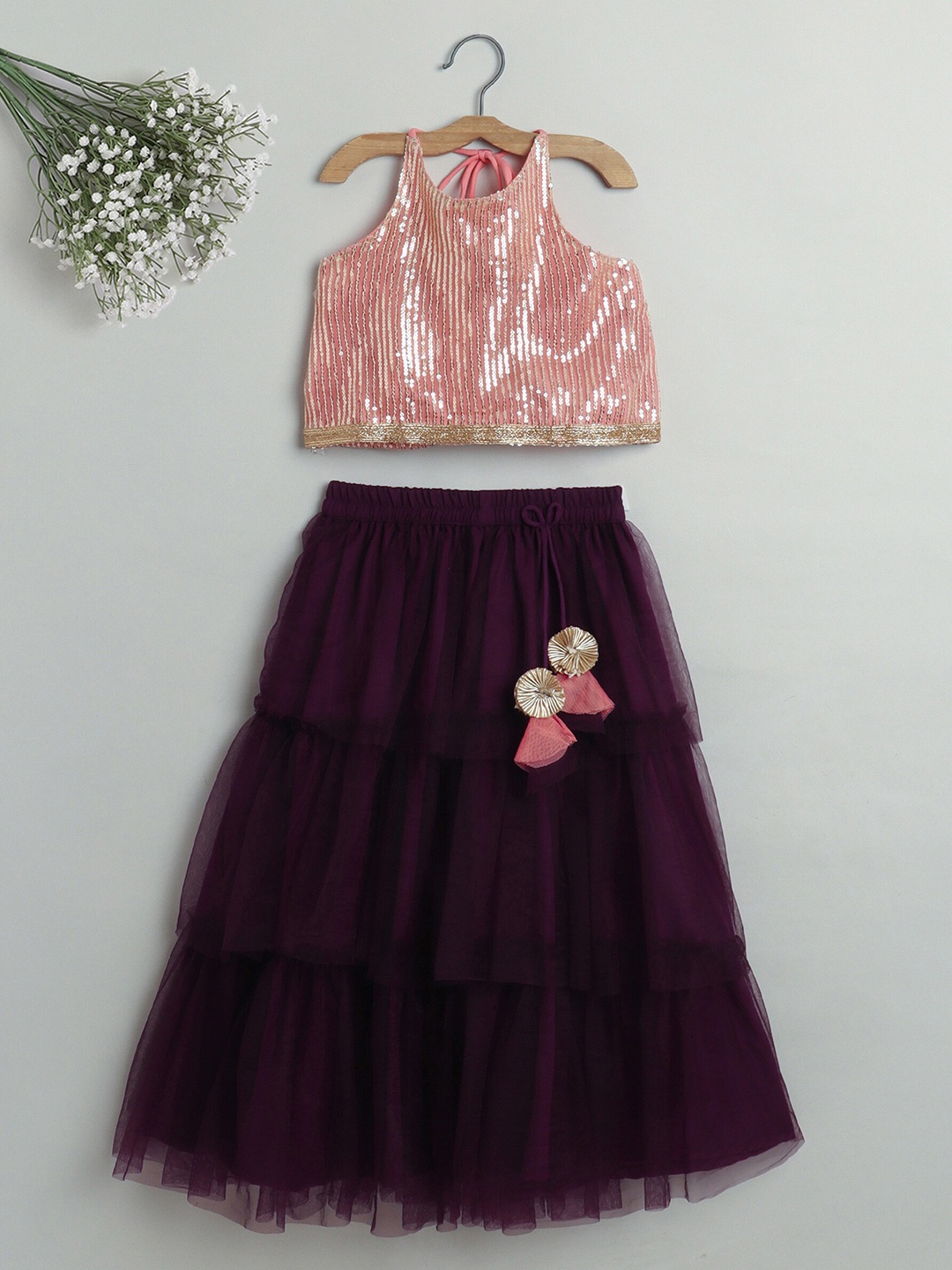 

The Magic Wand Girls Peach-Coloured & Purple Embellished Sequinned Ready to Wear Lehenga &